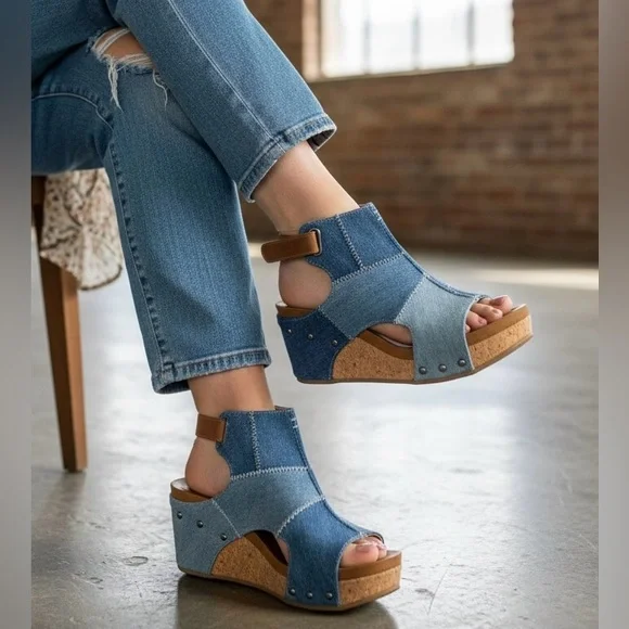 NIB Brand New In Box Very G Lala Denim Jean Patchwork Wedge Heels Sandals - Picture 2 of 5